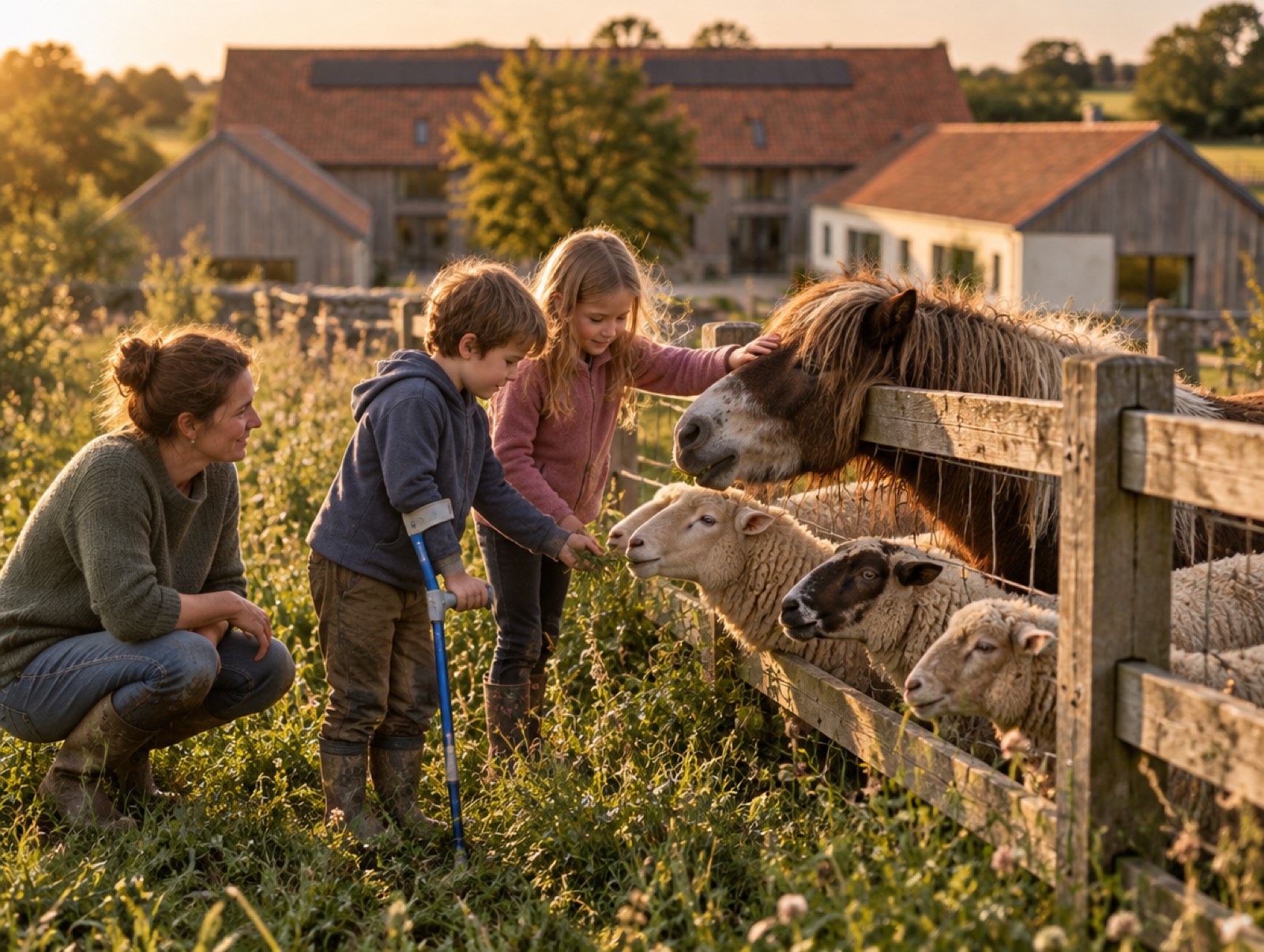 Zwei Kinder am Koppelzaun füttern Schafe und ein Pony, ein Kind stützt sich auf eine Gehhilfe.