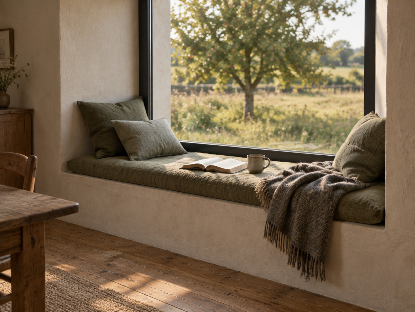 Tiefe Fensterbank in einer Kalkputzwand mit Leinenkissen, Wolldecke, aufgeschlagenem Buch und einer Tasse; draußen Wiese und ein Apfelbaum.