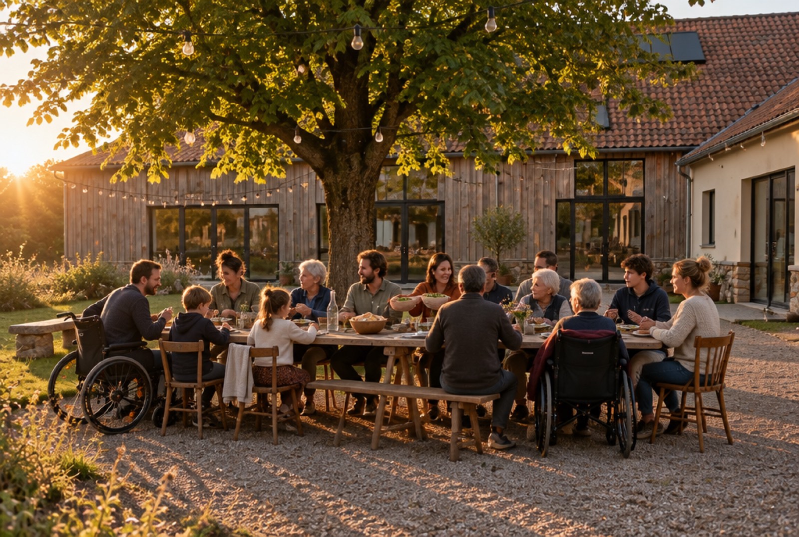 Lange Tafel im Innenhof unter der Linde im Abendlicht, viele Menschen essen gemeinsam.