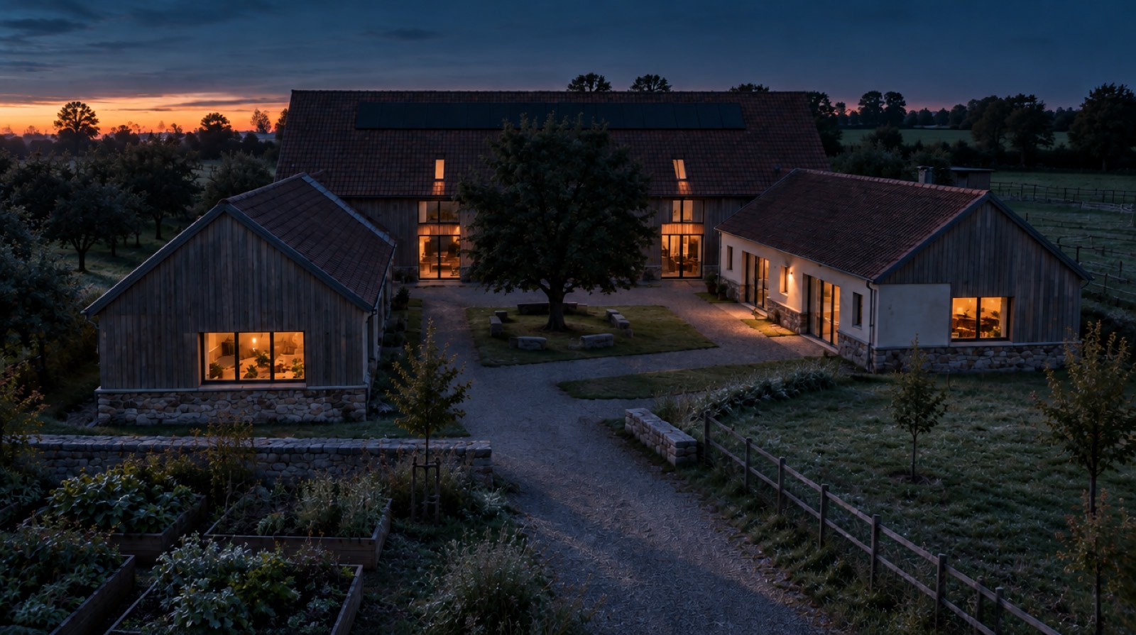Der Hof zur blauen Stunde, warm erleuchtete Fenster, die Linde dunkel vor dem Himmel.
