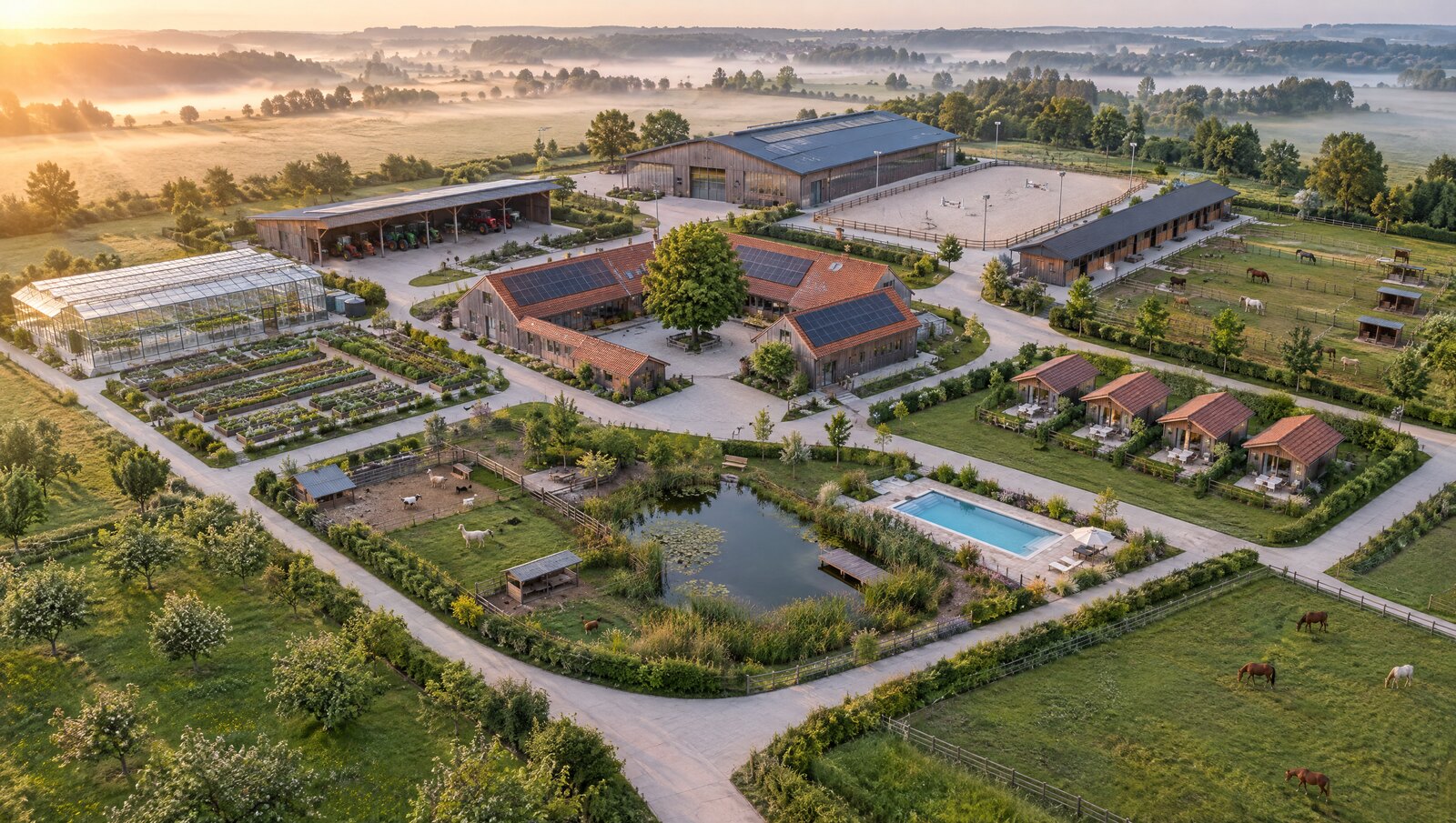 Luftbild des geplanten Lebenshofs im Morgennebel: in der Mitte das dreiseitige Hofensemble mit Ziegeldächern und Photovoltaik, ringsum Aquaponik-Gewächshaus und Nutzgarten mit Hochbeeten, offene Maschinenhalle mit Traktoren, Reithalle mit Reitplatz und Pferdeboxen an den Koppeln, Tierbereich, Teich mit Steg, Pool mit Sonnendeck, eine Reihe Gästehäuser und außen herum Streuobstwiesen. Breite, feste Wege verbinden alle Bereiche.
