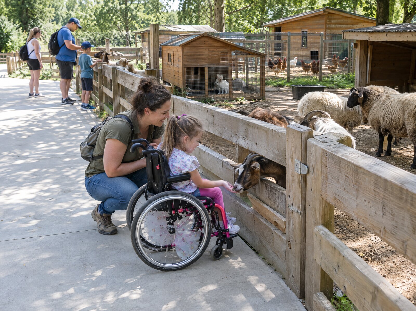Streichelbereich mit niedrigen Holzz&auml;unen, Ziegen, Schafen und Stallh&auml;uschen. Ein M&auml;dchen im Rollstuhl f&uuml;ttert eine Ziege durch einen abgesenkten Zaunabschnitt; der Weg ist durchgehend befestigt und eben.
